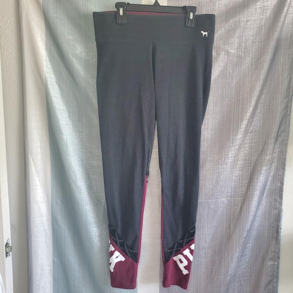 PINK y2k Victoria's Secret Yoga Leggings Grey Burgundy Strappy Lattice Logo M
